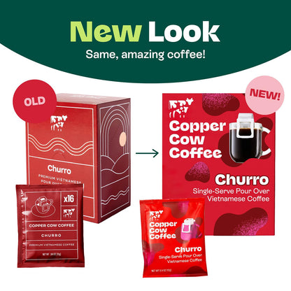 Copper Cow Premium Pour Over Single-Serve Vietnamese Coffee | Churro | Dark Roast | Flavored with Real Cinnamon | Includes 16 Coffees