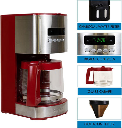 Kenmore Drip Coffee Maker - 12 Cup Programmable Cafe Machine With Glass Pot, Regular & Bold Brew, Auto Shut Off Large Water Reservoir, Reusable Filter, Kitchen Appliances For Cafeteria Barista, Red