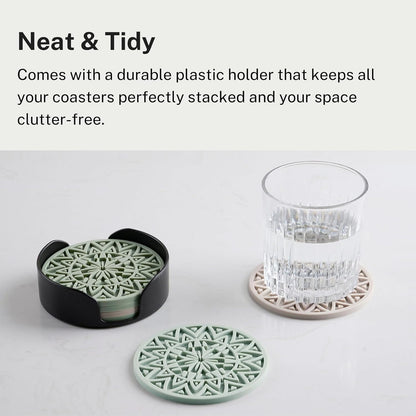 Set of 6 Sage Green Silicone Coasters with Holder, Drink Coasters with Tribal Pattern Shape- for Table Protection, Anti Slip, Nonstick, Heat Resistant, Deep Tray