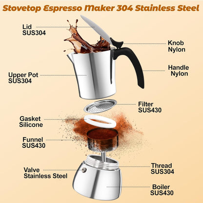 No Coating 6 Cup Thickened 304 Stainless Steel Moka Pot Stovetop Espresso Maker Italian Coffee Machine 300ml 10oz Suitable for Gas Induction Stovetop Greca Coffee Maker Percolator