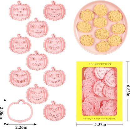 10 Pcs Halloween Cookie Cutters Set with Plunger Stamps, 3D Pumpkin Plastic DIY Cookie Molds for Halloween Party Treat, Baking, Fondant, Cake Decor (F10)