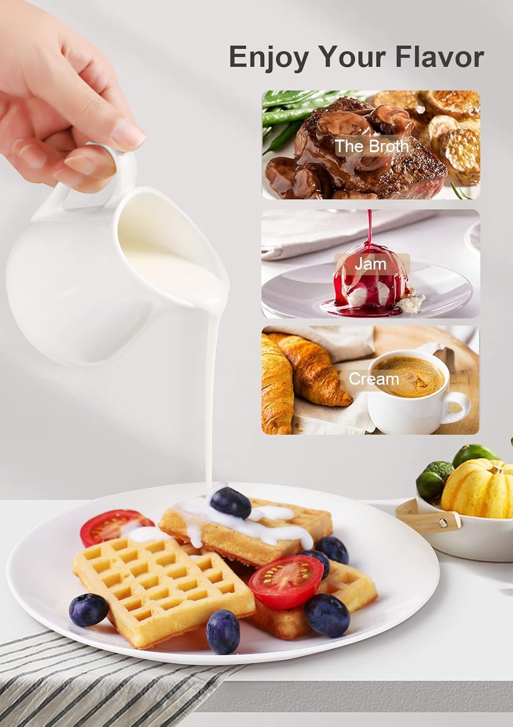 Nucookery 2 Pack 8 Oz White Creamer with Handle, Ceramic Small Creamer Pitcher Set of 2, Porcelain Small Milk Pitcher For Coffee Sauces Salad Milk, Microwave & Freezer Safe (8-Ounce, Set/2)