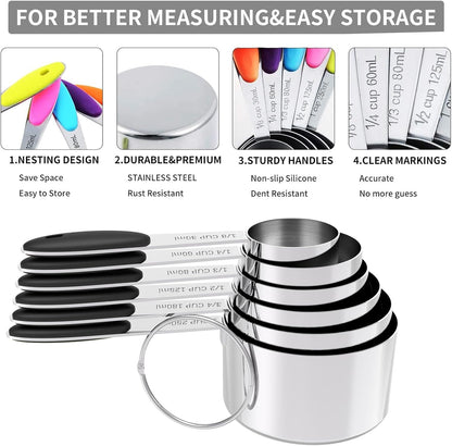 TILUCK measuring cups and magnetic measuring spoons set, stainless steel measuring cups, 6 double-sided stainless steel measuring spoons & 1 leveler (6+7)