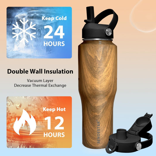 SENDESTAR 32oz Water Bottle Wide Mouth Stainless Steel Vacuum Insulated Double Wall with 2 Straw Lids Fit in Any Car Cup Holder