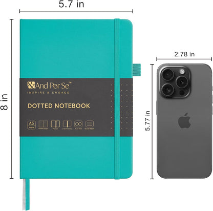 &And Per Se Dotted Journal Notebook, A5 Hardcover Leather Bullet Dotted Journal, 160 Pages 100 gsm Thick Dotted Paper，3 Sheets of Stickers Included - 5.7'' x 8'' (Turquoise)