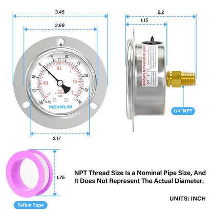 MEANLIN MEASURE -30inHG~30Psi Liquid Filled Pressure Gauge Front Flange Panel Mount, 1/4" NPT 2.5" FACE DIAL Stainless Steel Case with Phillips Screw and Nut, +/-3-2-3%