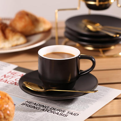 Lareina 3-Ounce Espresso Cups Set of 4, Small Stackable Coffee Cups with Saucers, Spoons and Metal Stand, Ceramic Demitasse Mugs, Espresso Accessories for Machine, Black