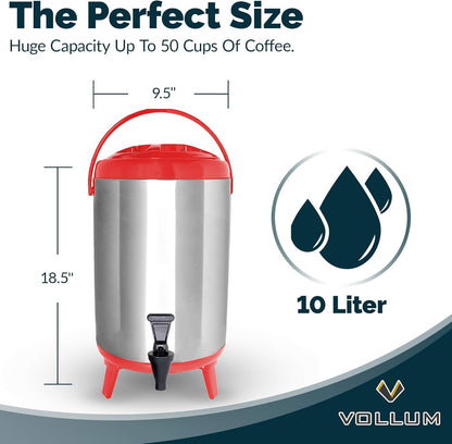 Stainless Steel Insulated Beverage Dispenser – Insulated Thermal Hot and Cold Coffee Carafe – 10 Liter Drink Dispenser with Spigot for Hot Water, Tea & Coffee, Cold Milk, Juice & More RED