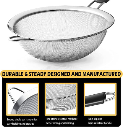 Stainless Steel Fine Mesh Strainers, Set of 3 Sizes Strainer for Kitchen, Wire Sieve with Insulated Handle Kitchen Strainer, Baking Tools Colander, Food Preparation, Flour Sifter, Rice, Pasta Strainer