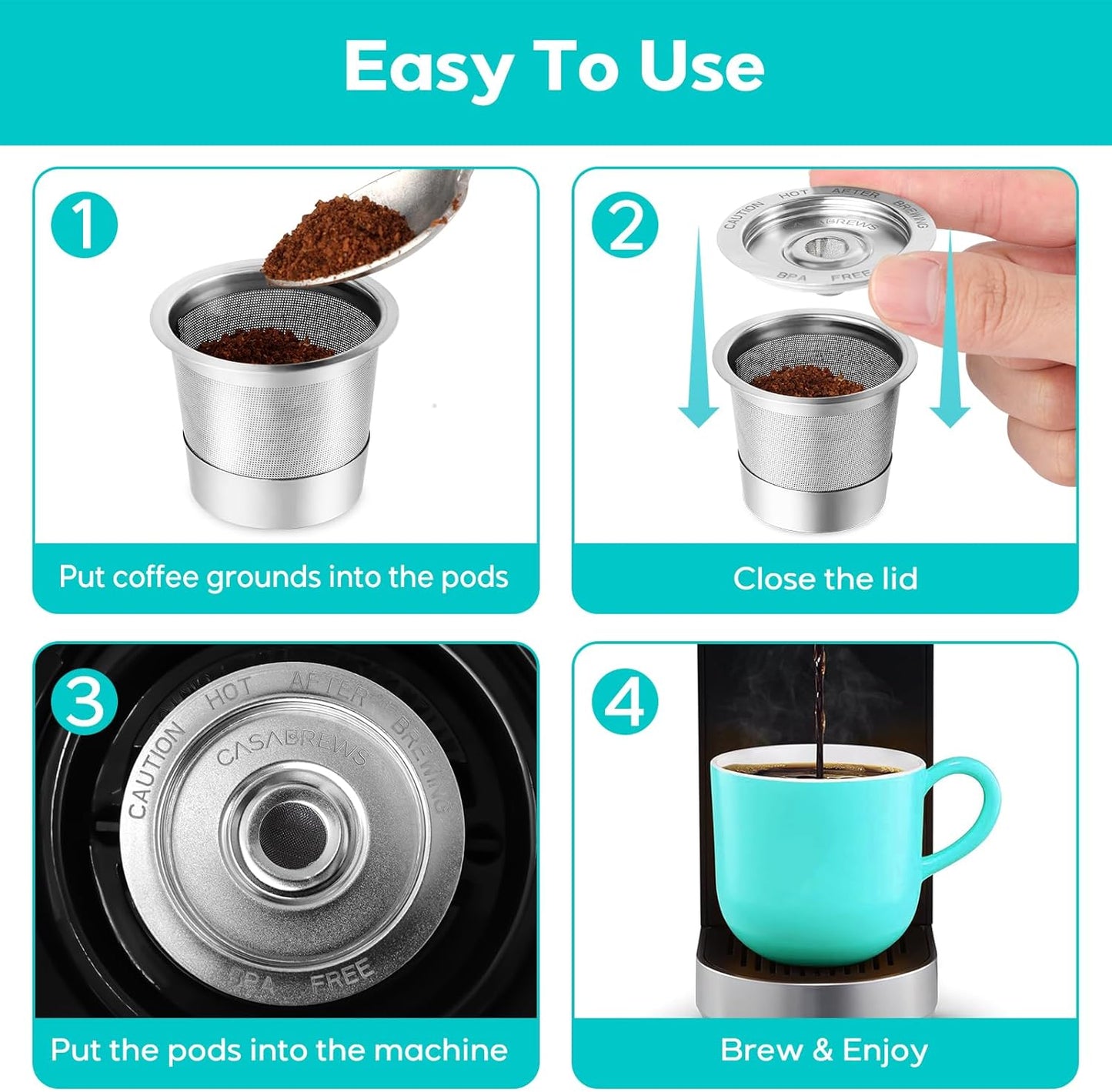 CASABREWS CASKF02 Reusable K Cup Filters, 2 Pack Stainless Steel Refillable Coffee Pods for Keurig 1.0 Brewers, Universal Fit, Eco-Friendly & BPA-Free