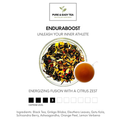 Pure And Easy Tea, EnduraBoost, Natural Energy & Endurance Tea, Caffeinated Loose Leaf Blend with Performance Herbs, Supports Stamina, Focus & Athletic Performance, 30-Day Supply, 100g/3.5oz
