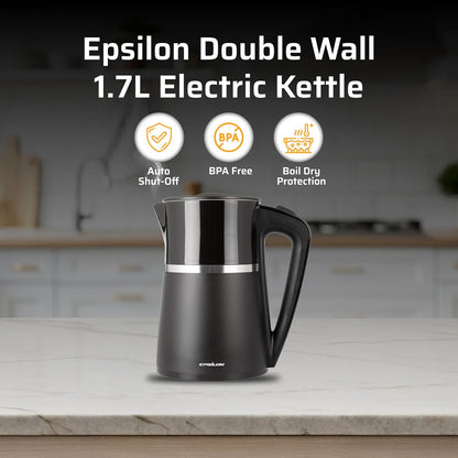 Epsilon Double Wall Electric Kettle 1500W – 1.7L Hot Water Tea Kettle & Hot Water Boiler with Auto Shut-Off, Boil Dry Protection, BPA-Free Stainless Steel Electric Teapot Fast Boil, Cool Touch Design