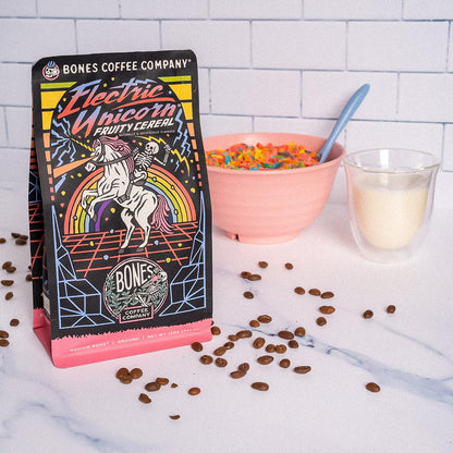 Bones Coffee Company Electric Unicorn, Fruity Cereal With Milk Flavored Coffee, Medium Roast Low Acid Arabica Beans Compatible with Auto drip and French Press Coffee Maker, 12 Oz Whole Bean