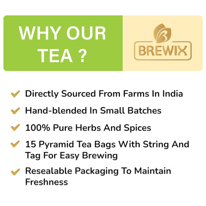 BREWIX Holy Basil Tea Bags (15 Pyramid Tea Bags) | Tee With Tulsi Leaves and Chamomile | Caffeine Free, Calming Herbal Tea With Fresh and Cool Flavor