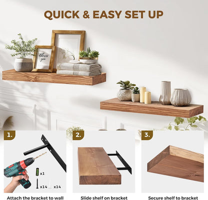 24x8x1.6 inch Floating Shelves Set of 2 – Solid Wood Rustic Oak Wall Mounted Shelf for Kitchen, Bathroom, Living Room
