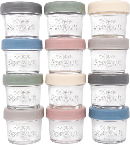 WeeSprout Glass Baby Food Storage Jars w/Lids (4 oz, 12 Pack Set) Snack, Puree, Reusable Small Containers, Breast Milk, Fridge or Freezer, Microwave & Dishwasher Safe, Essential Must Have for Infants