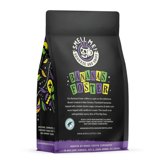 Bones Coffee Company Bananas Foster, Banana, Rum and Vanilla Flavored Coffee, Medium Roast Low Acid Arabica Beans Compatible with Auto drip and French Press Coffee Maker, 12 Oz Ground