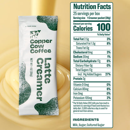 Copper Cow Coffee Sweetened Condensed Milk Coffee Creamer Singles (25 pack) | Vietnamese Inspired Coffee Creamer, All Natural Creamer Packets for Pour Overs & Lattes | No Refrigeration Needed
