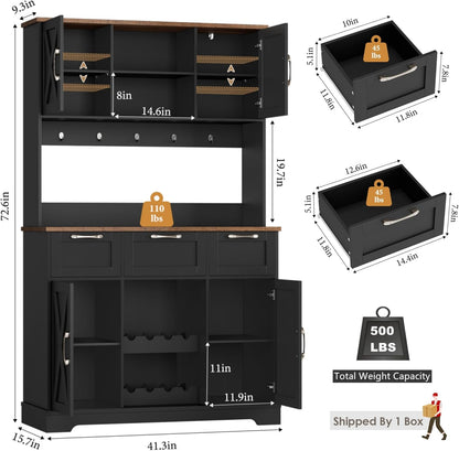 HIFIT 72" Large Kitchen Pantry Storage Cabinet with Barn Doors & Shelves, Farmhouse Tall Kitchen Hutch Wood Bar Cabinet w/3 Drawers, Microwave Stand, Cupboard Wine Rack for Dining Room, Pantry, Black