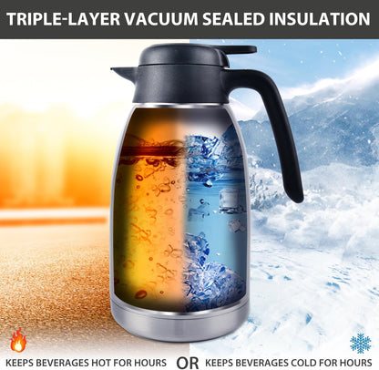 Heritage66 Thermal Coffee Carafe -Triple Wall Vacuum insulated Flask- Thermos keeping Beverages Hot for 12 hours /24 hours cold Tea, Water, and Coffee Dispenser (2 Liter/68Oz with Brush)