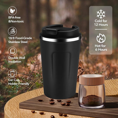 Volhoply 12 oz Double Wall Insulated Vacuum Travel Coffee Mug with Flip Lid Bulk 8 Pack,Reusable Stainless Steel Leak Proof Coffee Cup,Portable Cafe Thermal Tumblers for Hot & Cold Drinks(Black,8 Set)