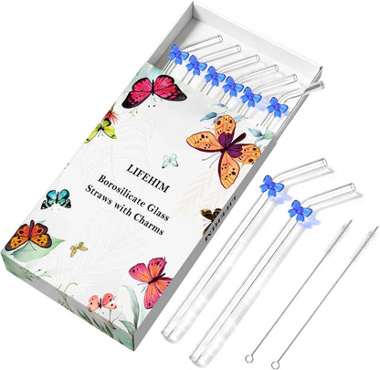 Cute Glass Straws with Charms Bows, 9 Inch 8mm Reusable Clear Glass Straws Bent - thick Borosilicate Drinking Straw Eco Friendly, BPA Free for Hot Drinks, Iced Coffee, 16 oz Tumblers - Include Brushes