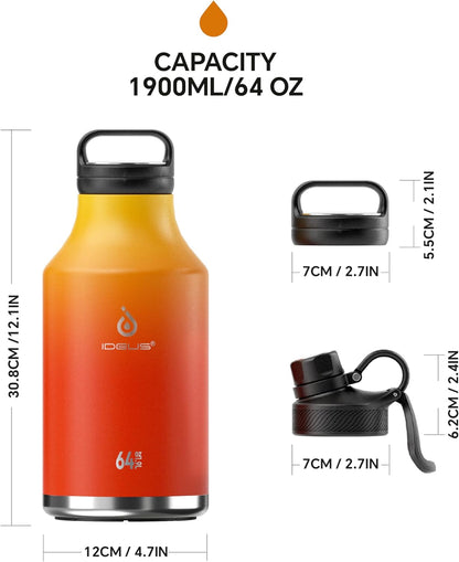 IDEUS Insulated Stainless Steel Water Bottle with 2 Leak-Proof Lids, Thermal Water Flask for Hiking Biking, 64oz, Yellow