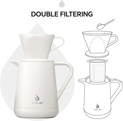 Ideus Insulated Pour Over Coffee Maker 20oz, Stainless Steel Coffee Pot Pour Over Set Camping Coffee Carafe BPA-Free with Dripper for Home, Office & Camping (White)