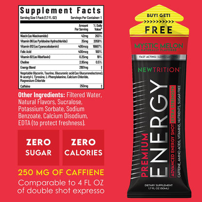 NewTrition® Extra Strength Energy Shots, 250mg Caffeine Energy Shots with Vitamin B & Amino Acids, Sugar-Free Vitamin Energy Shot, 1.7 fl oz (Pack of 6, Mystic Melon)