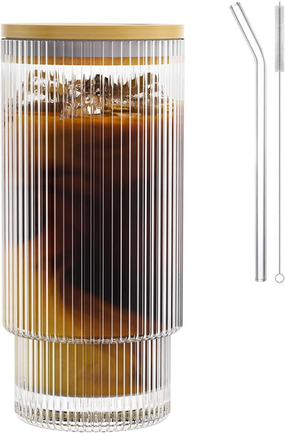 16OZ Ribbed Glass Cups with Lids and Straws,Iced Coffee Cups with Lid,Vintage Glassware for Whiskey Cocktail Beer Fruit Juice Glasses Tumbler(1Pack)