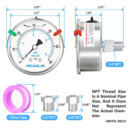 MEANLIN MEASURE 0~60Psi Stainless Steel Liquid Filled Pressure Gauge 2.5" FACE DIAL 1/4" NPT for Pool Filter Pump Water Oil Air Compressor Back Mount with Stainless Steel Hex Bushing and Snaps