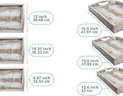 Serving Trays Set of 3 - Ottoman Wood Trays for Entertainment, Food and Décor - Rustic Farmhouse Distressed Wood Finish - Rustic White