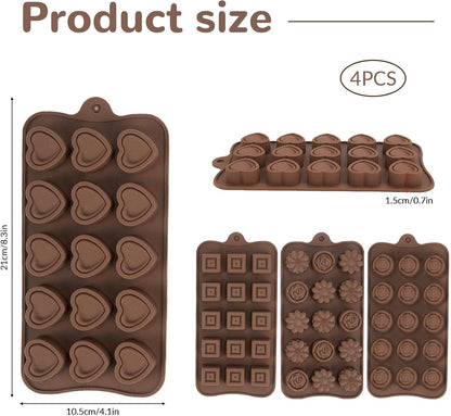 4 Pcs Chocolate Silicone Molds for Candy, Food Grade No-Stick Baking Molds with Different Shapes (4 Styles)