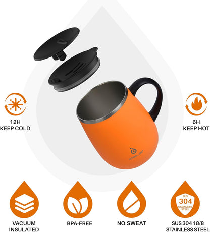 Ideus 16 oz Insulated Coffee Mug with Handle and Lid, Double Wall Stainless Steel Vacuum Thermal Coffee Mug, Travel Coffee Cup Thermal Cup for Home and Office, Orange Tiger