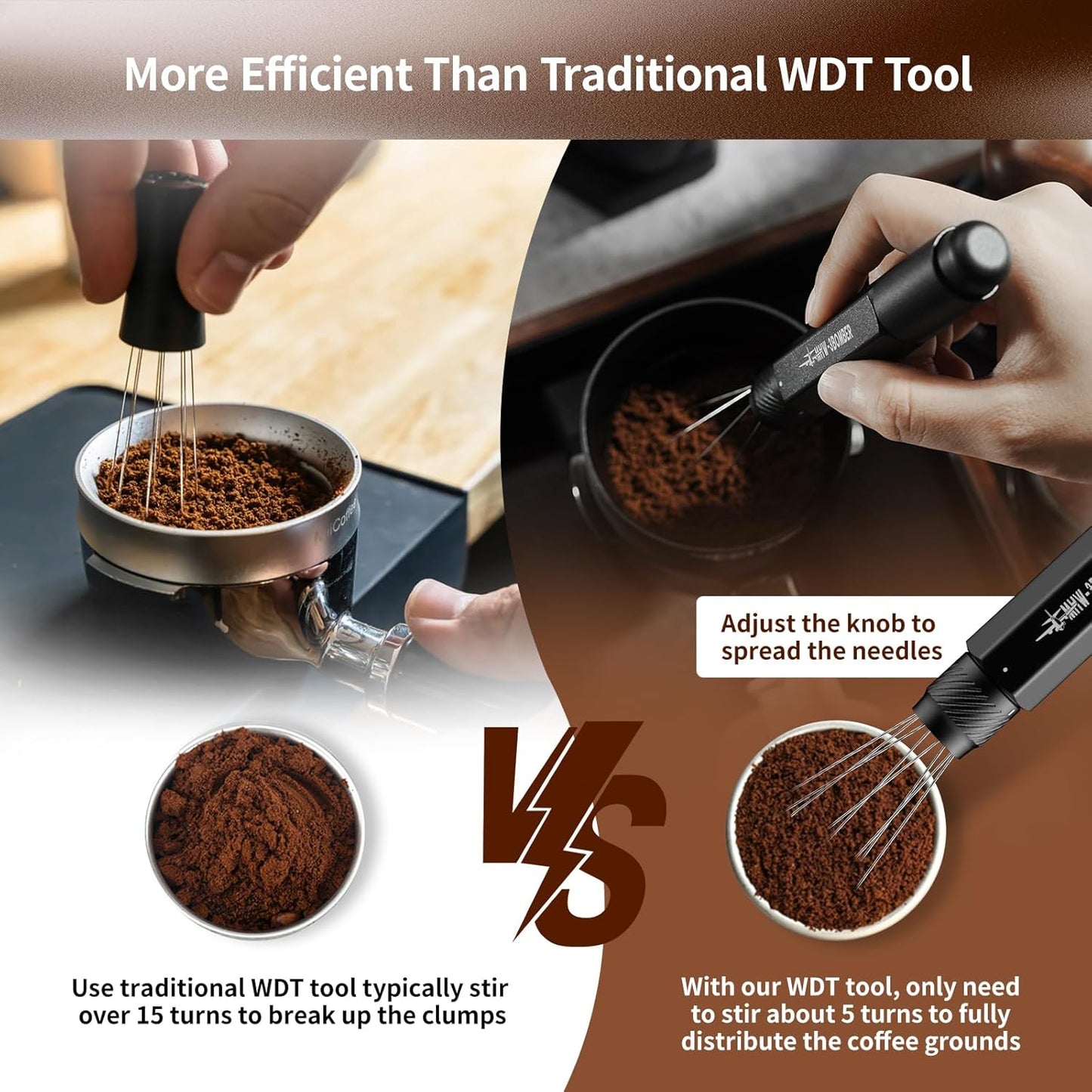 MHW-3BOMBER Retractable WDT Tool Espresso Distribution Tool with Magnetic Store, Adjustable Range Coffee Stirrer Tool for Barista, 0.4mm 8 Stainless Steel Needles with 8 Extra, Black, T6188B-OS