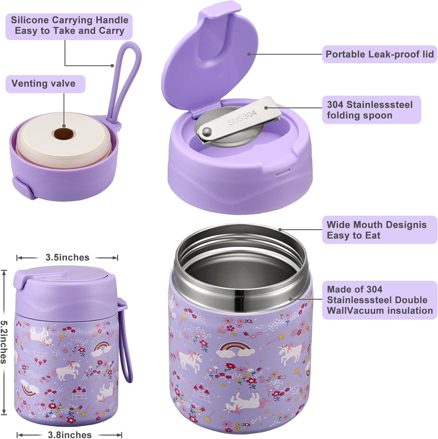17oz Soup Thermo for Hot Food Kids,Insulated Food Jar with Spoon,Thermo Hot Food Lunch Container,Wide Mouth Leakproof Stainless Steel Lunch Box for School-Horse