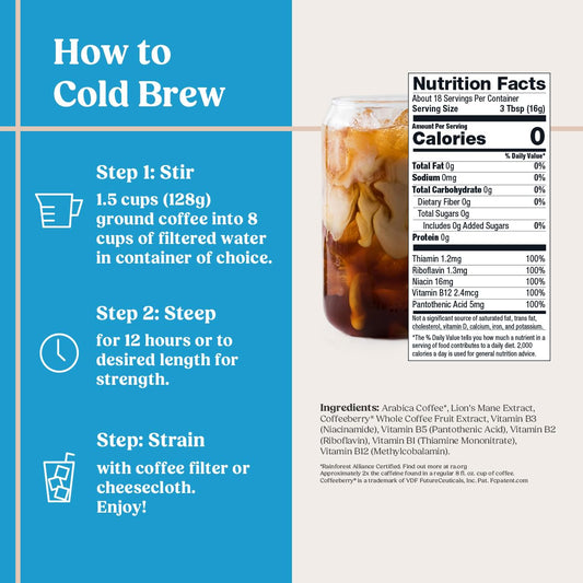 Bulletproof The High Achiever Course Ground Cold Brew Coffee, 10 Ounces, Medium-Dark Roast Enhanced Coffee with Lion's Mane Mushroom, B Vitamins, and Adaptogens for Energy and Focus