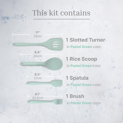 Silicone Utensils 4-Piece Set – Rubber Spatula, Pastry Brush, Slotted Turner, and Rice Paddle – Complete Heat-Resistant Set for Non-Stick Cookware – Kitchen Tools for Cooking and Baking – Pastel Green
