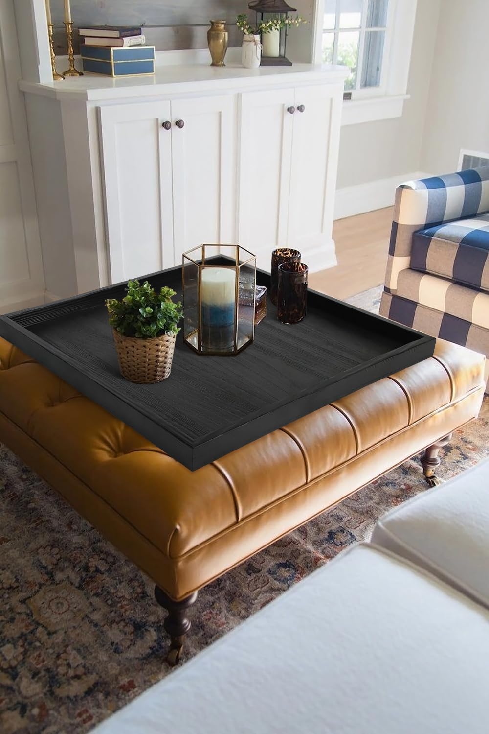Square Ottoman Table Tray 24" - Rustic Wooden Serving Tray for Farmhouse Decorative Oversized Coffee Table Trays Living Room Kitchen Counter Breakfast Black