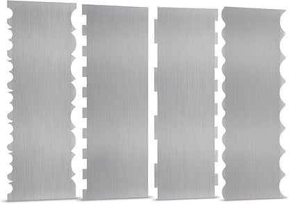 4 Pieces Stainless Steel Cake Scraper 10 Inch and Sided Patterned Edge Stripe Edge Smoother Scraper Cake Decorating Comb Cake Pastry Cutter for Mousse Butter Cream Cake Decoration