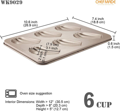CHEFMADE Madeleine Mold Cake Pan, 6-Cavity Non-Stick Oval Shell Madeline Bakeware for Oven Baking (Champagne Gold)