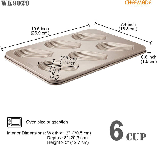 CHEFMADE Madeleine Mold Cake Pan, 6-Cavity Non-Stick Oval Shell Madeline Bakeware for Oven Baking (Champagne Gold)
