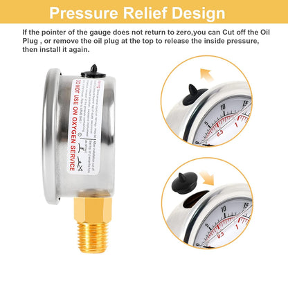 Water Pressure Gauge 2-1/2" Dial Liquid Filled 0-200PSI, Rubber Protective Case, 1/4" Brass Lower Mount, Including 1/4" to 1/8" Thread Adapter and Teflon Tape