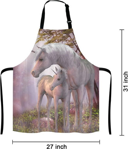 Fantasy Unicorn Adjustable Bib Apron,Unicorns Mare and Foal Cooking Kitchen Apron for Men Women
