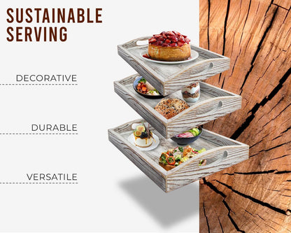 Serving Trays Set of 3 - Ottoman Wood Trays for Entertainment, Food and Décor - Rustic Farmhouse Distressed Wood Finish - Rustic White