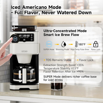Drip Coffee Maker with Built-in Grinder, 10-Cup Programmable Brew Coffee Machine with Timer, Touch Screen, Self-Cleaning, Reusable Filter, 1.5L Removable Water Tank, Warming Plate, White