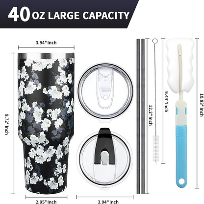 40 oz Tumbler with Lids and Straws, Stainless Steel Insulated Coffee Tumbler, Double Wall Vacuum Insulated Travel Mug Cup, Leakproof Thermal Coffee Cup for Hot and Cold Drinks (White Flower)