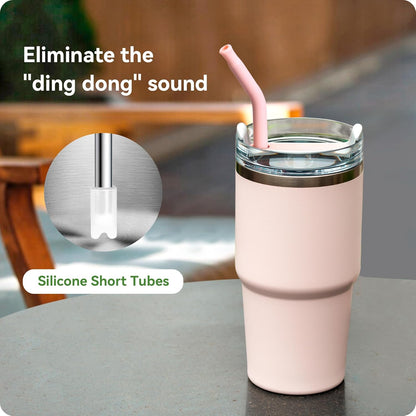 Snowfall 2 Pcs Replacement Metal Straws for Stanley 14 OZ, 20 OZ Tumbler, Stainless Steel Straws with Silicone Tip for 20 OZ Tumbler, Straw Brush (Cream Gray)