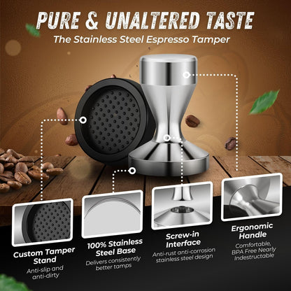 Flexzion Espresso Tamper 51mm Diameter Stainless Steel Coffee Tamper Flat Base Grip Handle Professional Barista Espresso Hand Press Kitchen Accessories, Silver