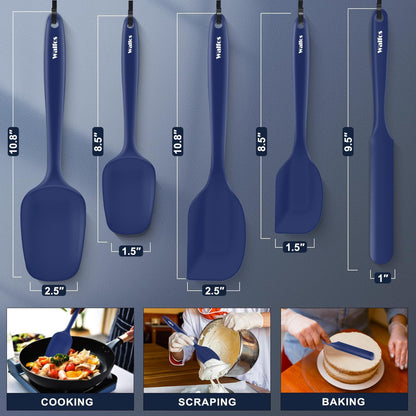 Walfos Silicone Spatula Set (5pcs) - 600℉ High Heat Resistant Kitchen Spoon Navy Blue Spatulas for Cooking Mixing & Baking, Strong Steel Core and One-Pieces Seamless Design, BPA Free Dishwasher Safe